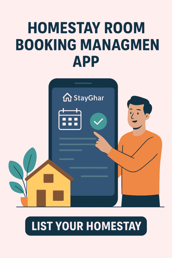 StayGhar homestay room booking management app infographic showing a host listing their property with mobile app features and a call-to-action 'List Your Homestay