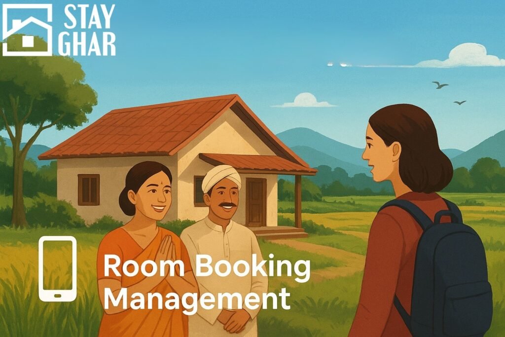 Rural homestay owners welcoming a female traveler.
